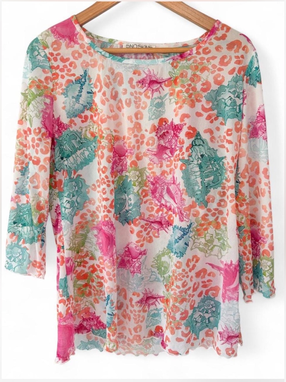 Sno Skins Floral Shell-Print Boatneck Top Sz Med Sheer Mesh Resortwear Artsy